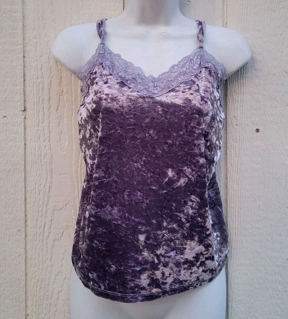 Womens Crushed Velvet Cami Top Size S Purple Lace Fairy Grunge 90s Y2K Indie